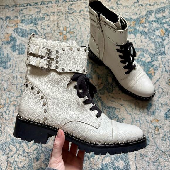 Sam Edelman Shoes - Sam Edelman Jennifer Studded Combat Boots White Silver Leather Women’s Size 7.5